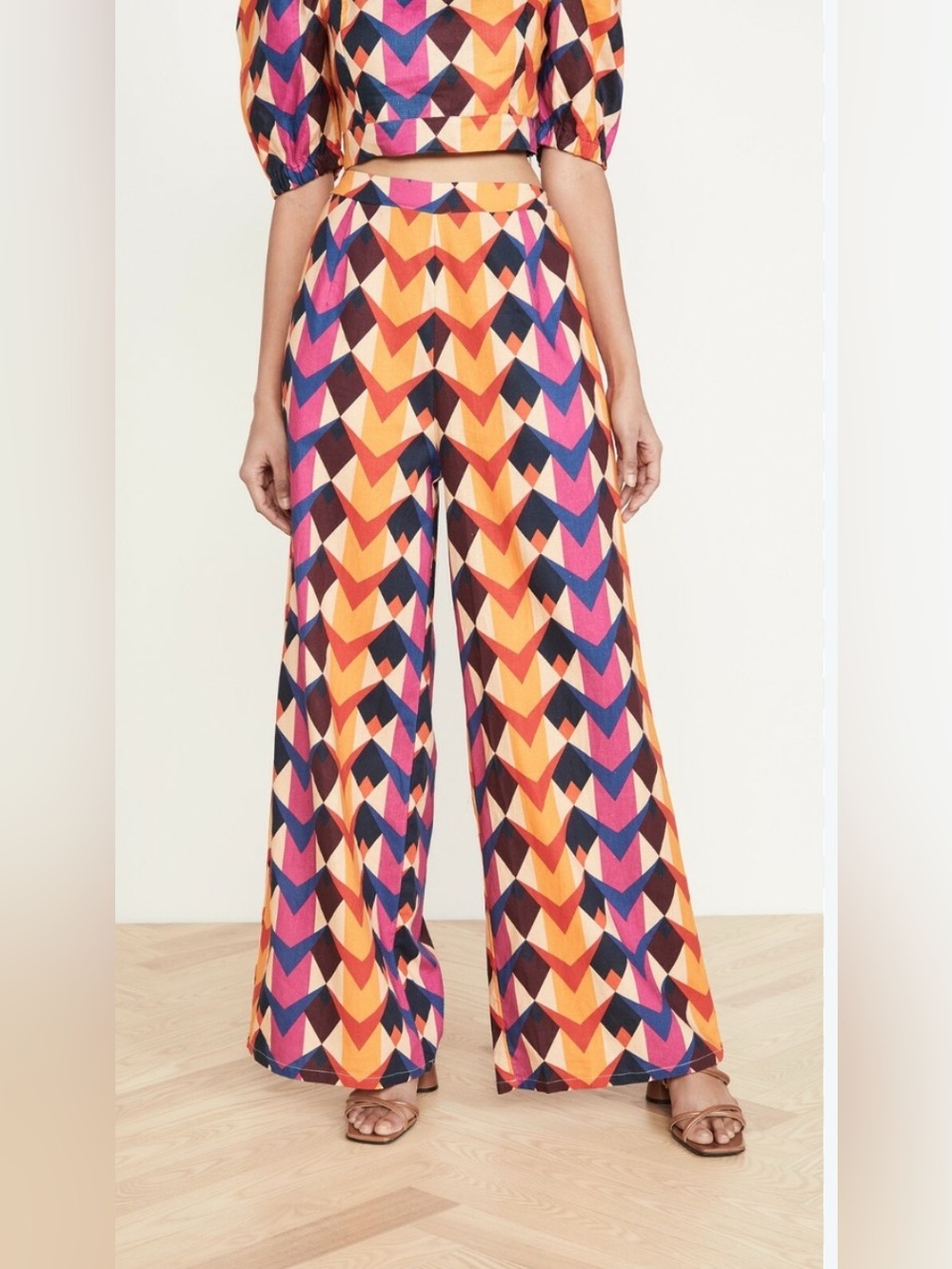 FARM Rio Chevron Wide-Leg Pants in Orange, Pink & Navy